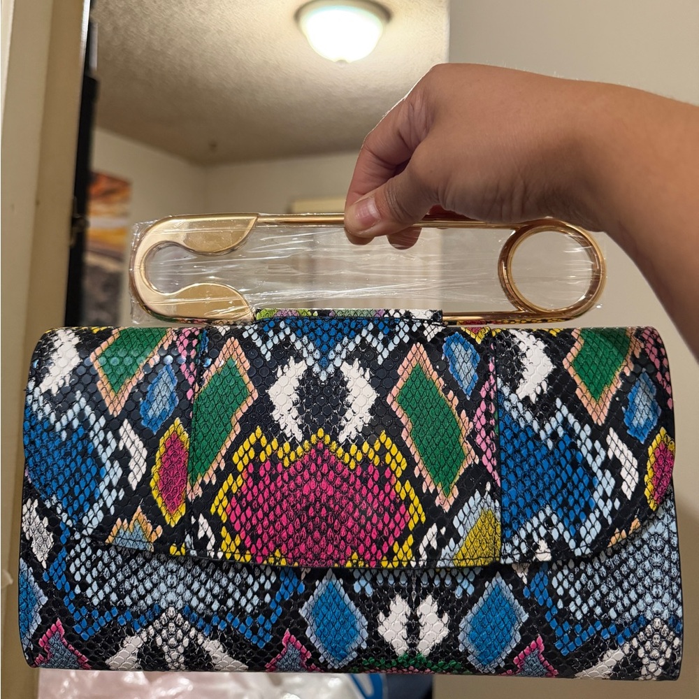 Liliana Vibrant Snakeskin Clutch with Gold Handle - NWT
